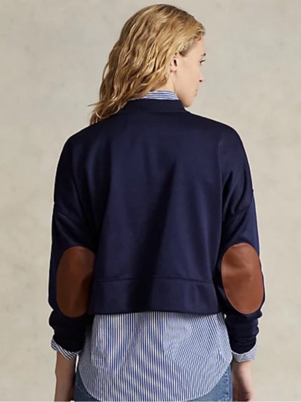 NWOT POLO RALPH LAUREN Boxy Suede-Patch French Terry Sweatshirt Navy Size Large - Picture 3 of 13